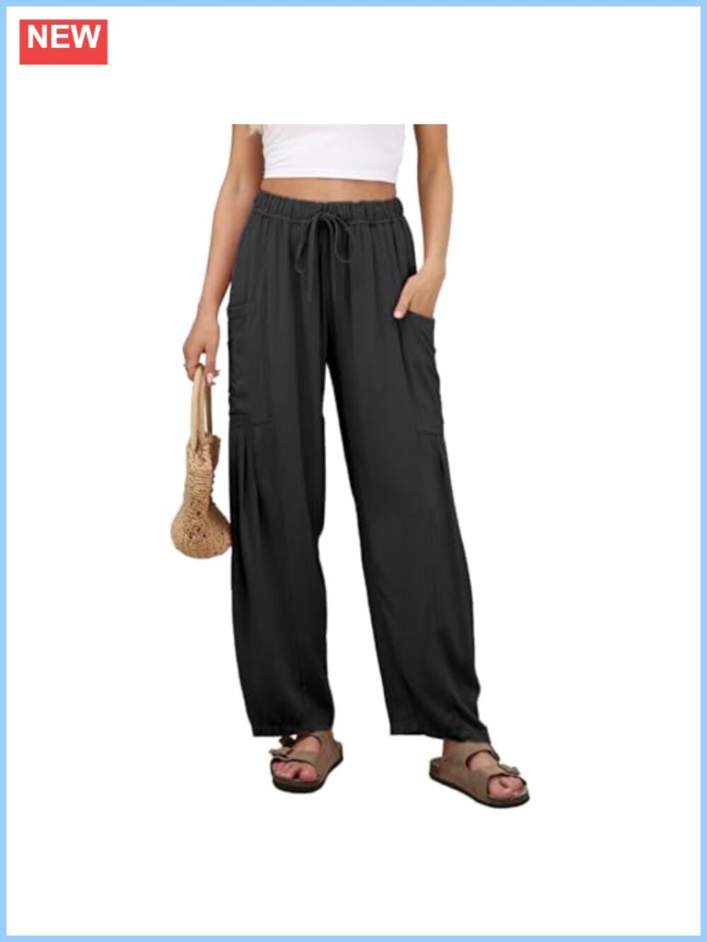 Women's Cotton Linen Wide Leg Palazzo Pants with Pockets